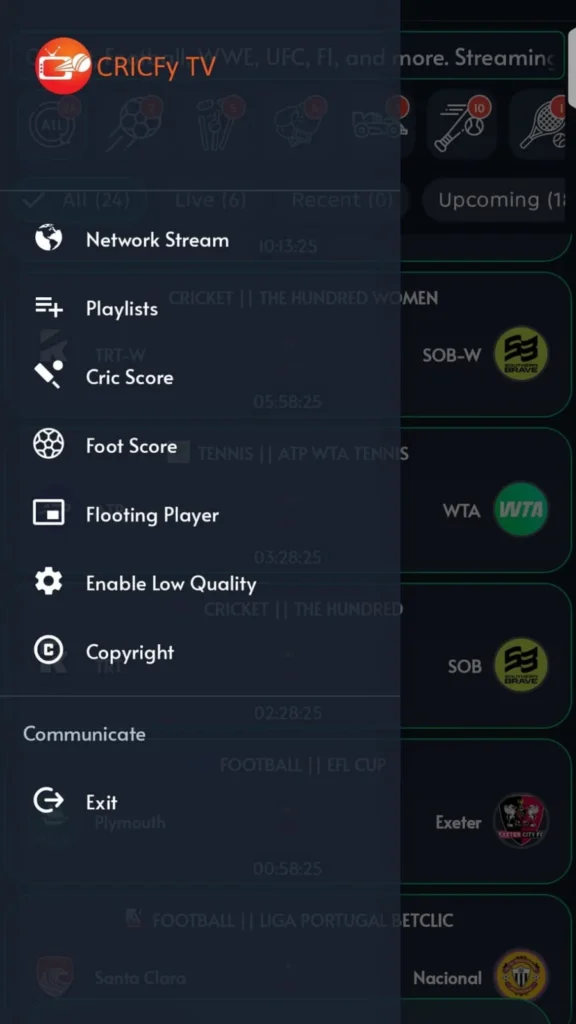 Cricfy - Menu Screen
