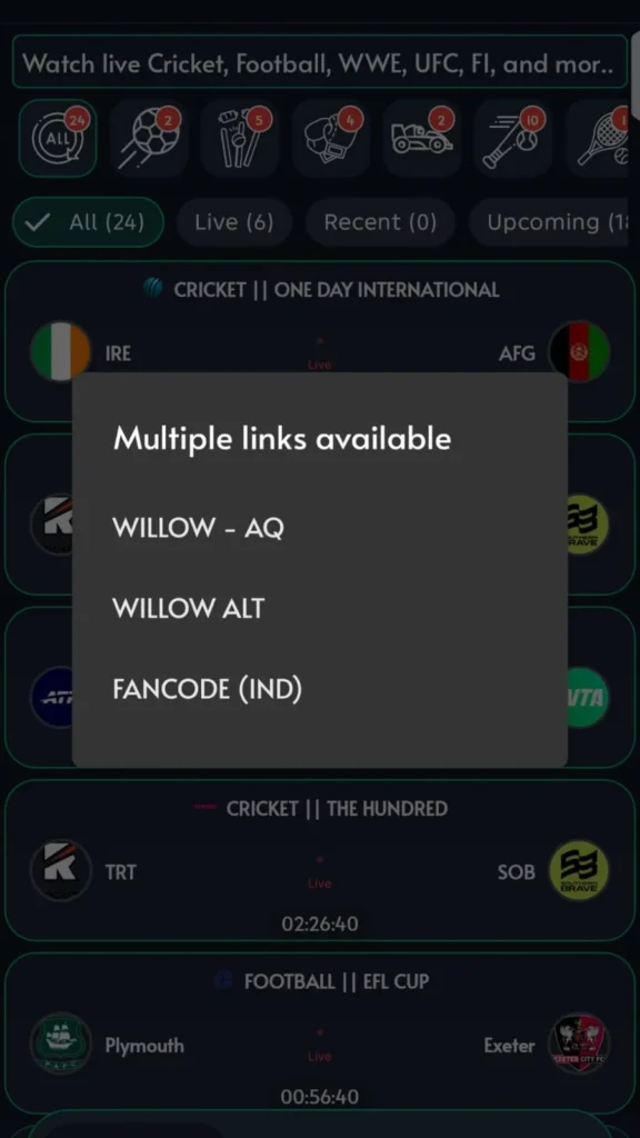 Cricfy - Select Channel Screen