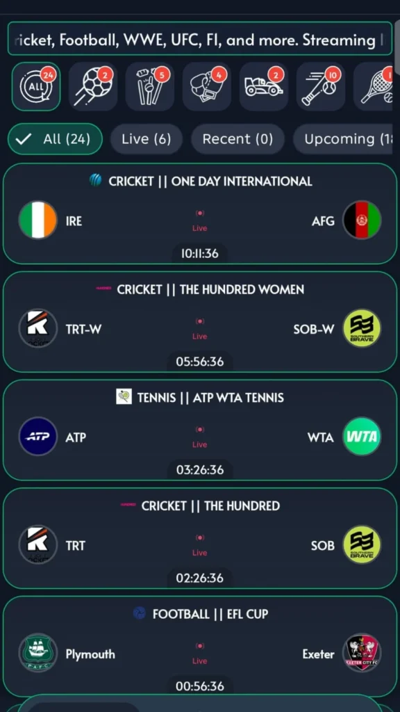 Cricfy - Home Screen