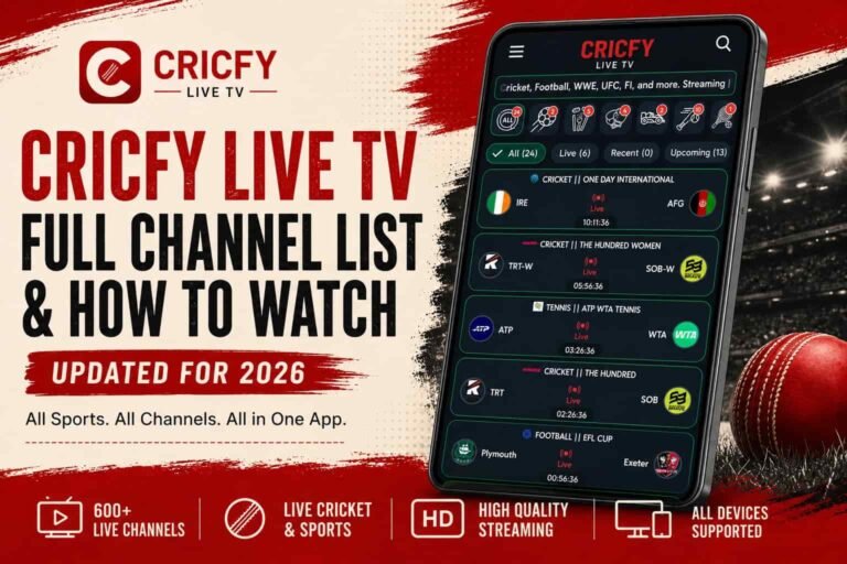 Cricfy Live TV full channel list featuring live cricket, football, tennis, and other sports on the Cricfy app